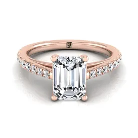 14K Rose Gold Emerald Cut Diamond French Pave Cathedral Style Solitaire Engagement Ring -1/4ctw