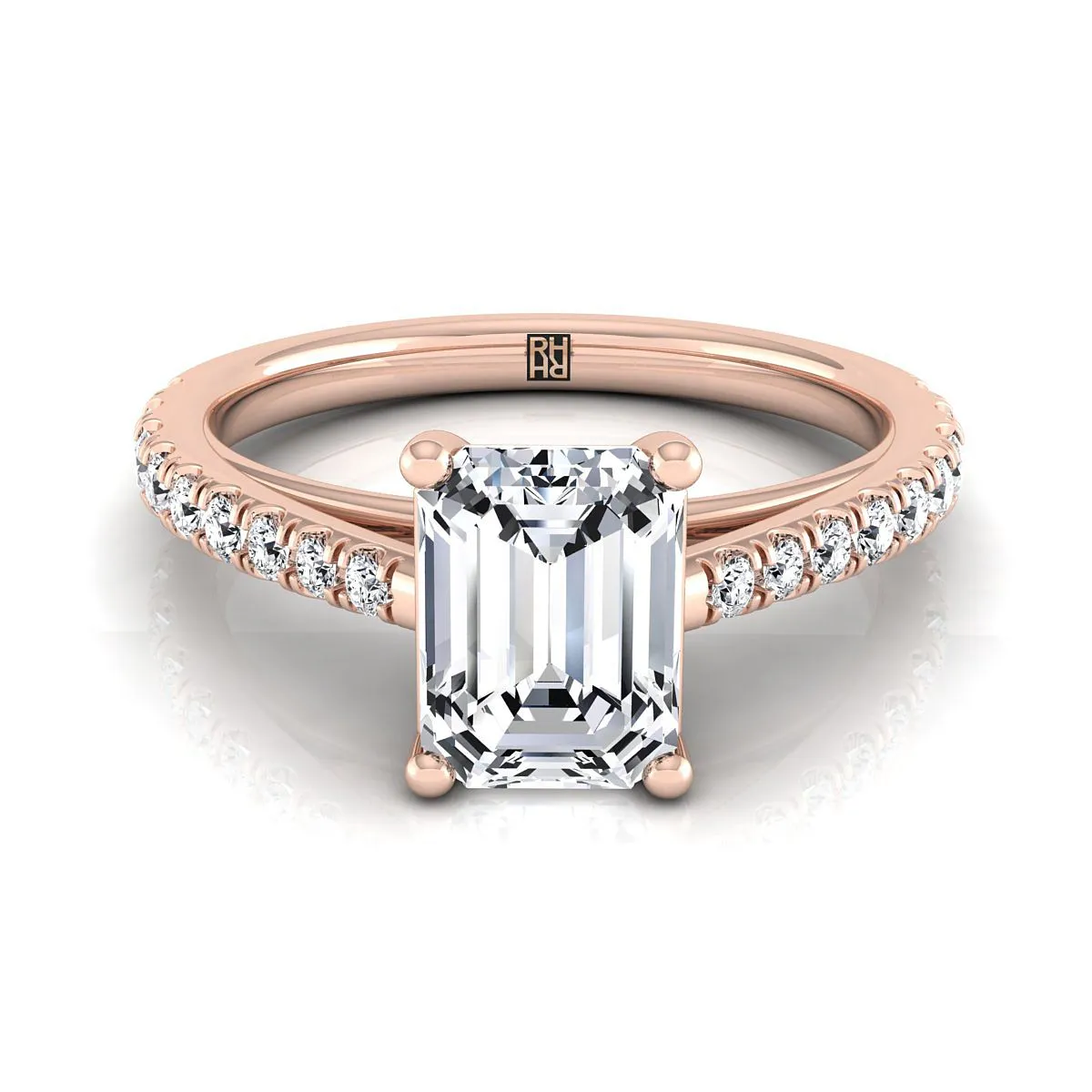 14K Rose Gold Emerald Cut Diamond French Pave Cathedral Style Solitaire Engagement Ring -1/4ctw