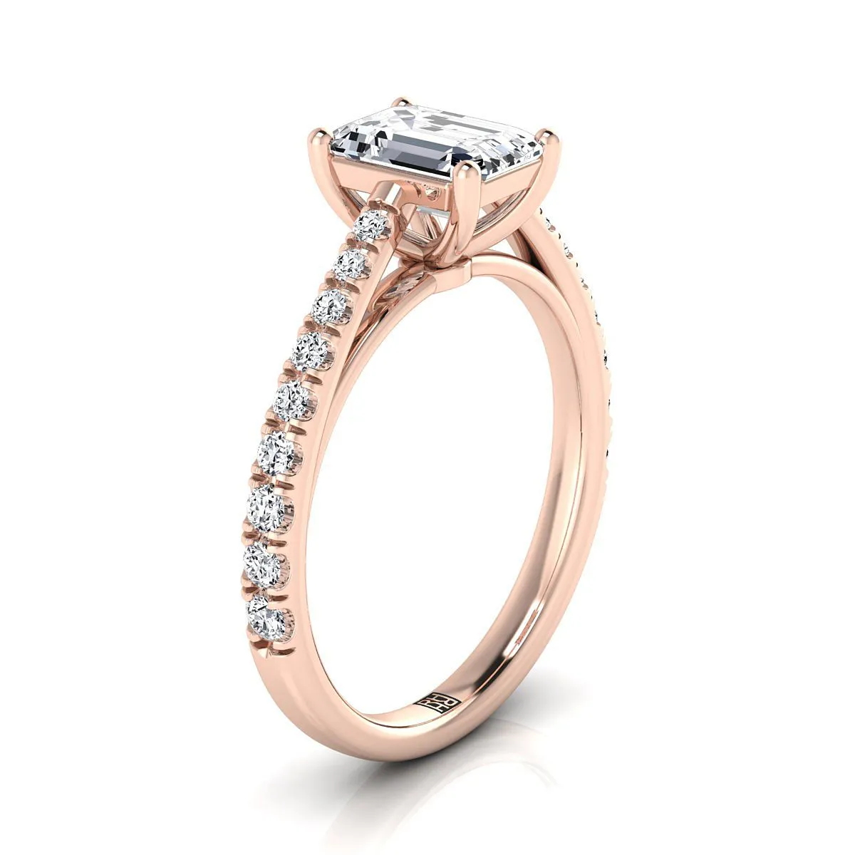 14K Rose Gold Emerald Cut Diamond French Pave Cathedral Style Solitaire Engagement Ring -1/4ctw