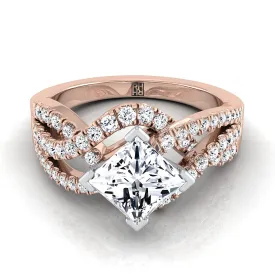 14K Rose Gold Princess Cut Bypass Twist French Pave Swirl Diamond Engagement Ring -1/2ctw