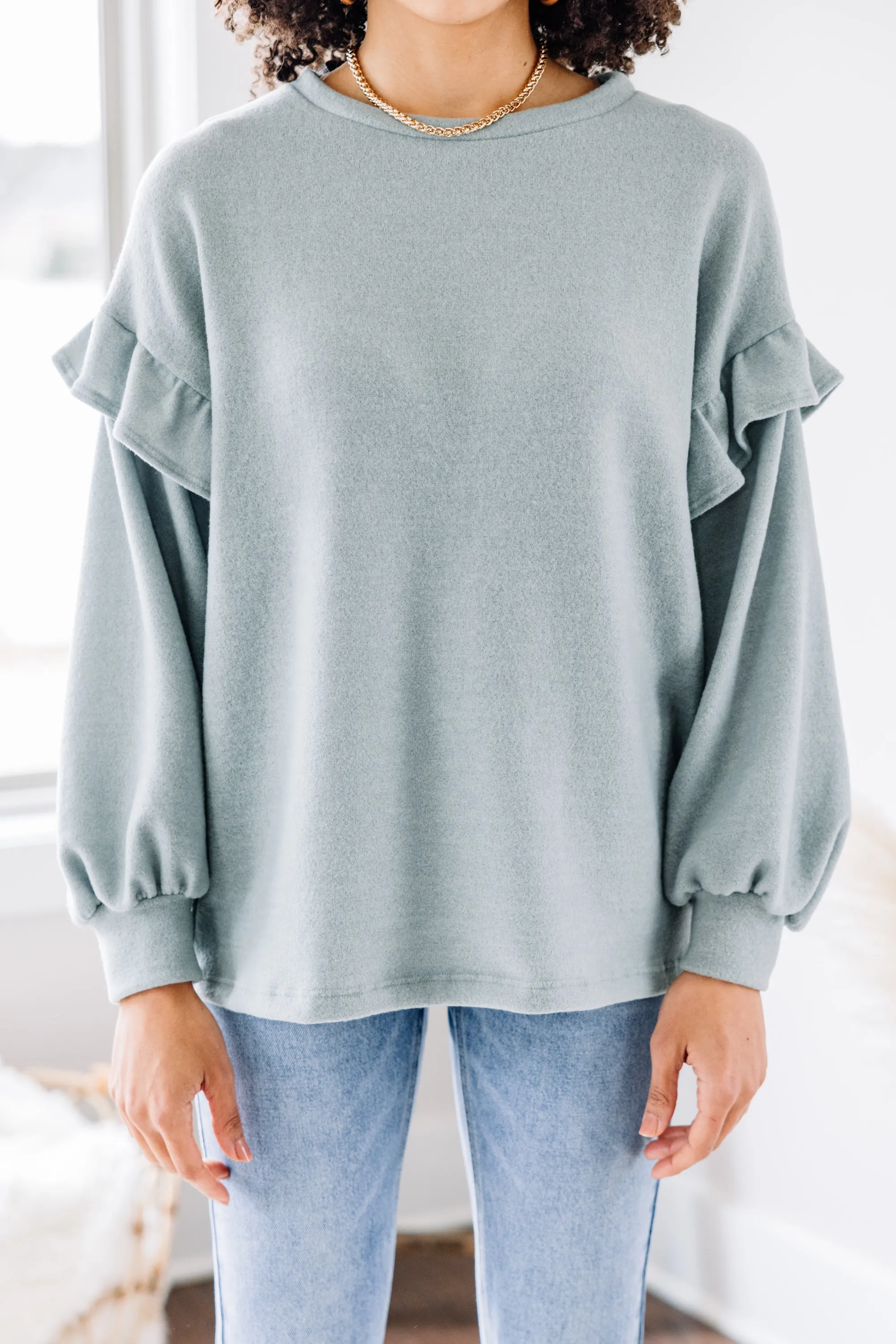 Adorable Destinations Sage Green Ruffled Pullover