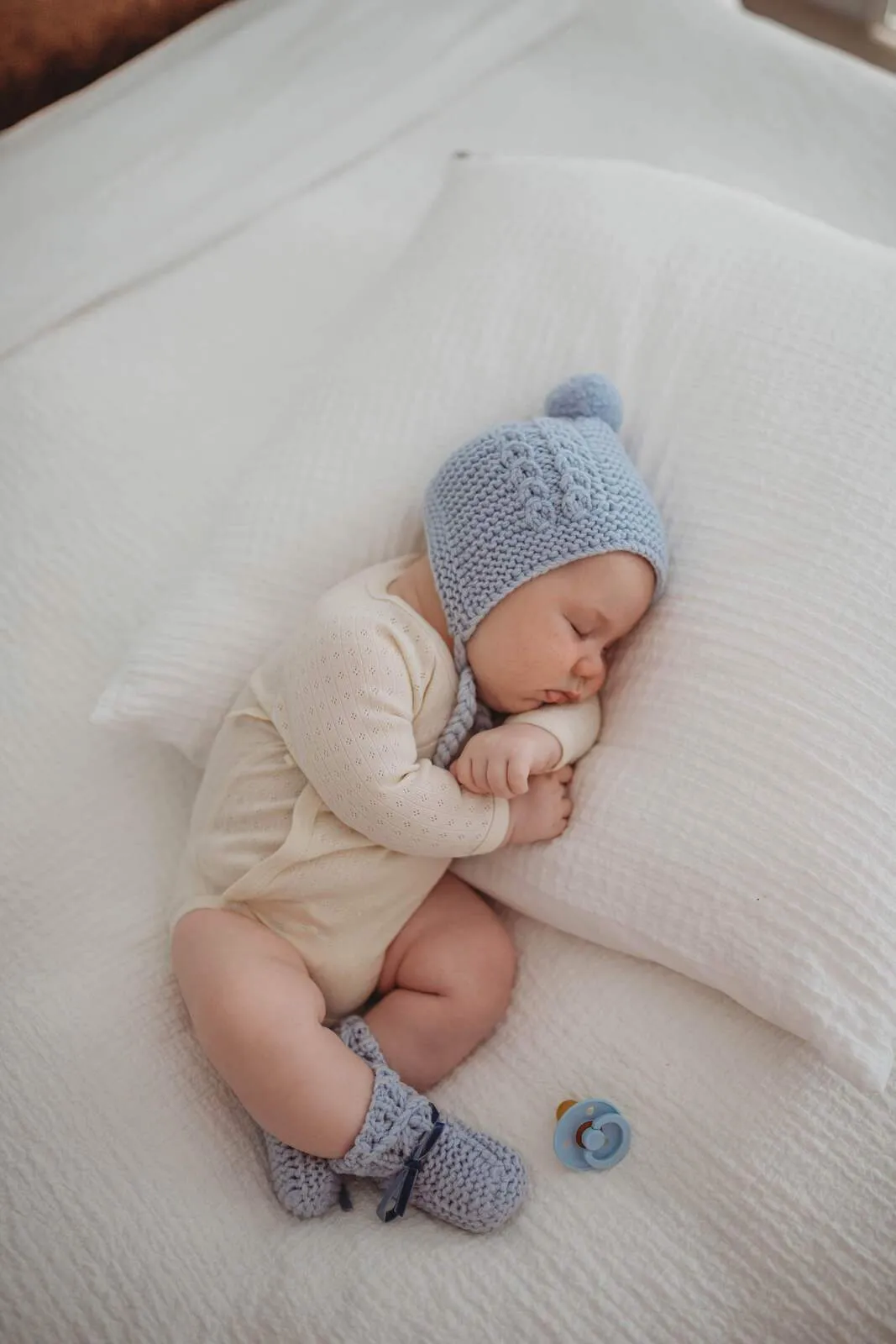 Blue Merino Wool Bonnet & Booties Set