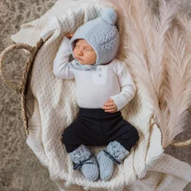 Blue Merino Wool Bonnet & Booties Set