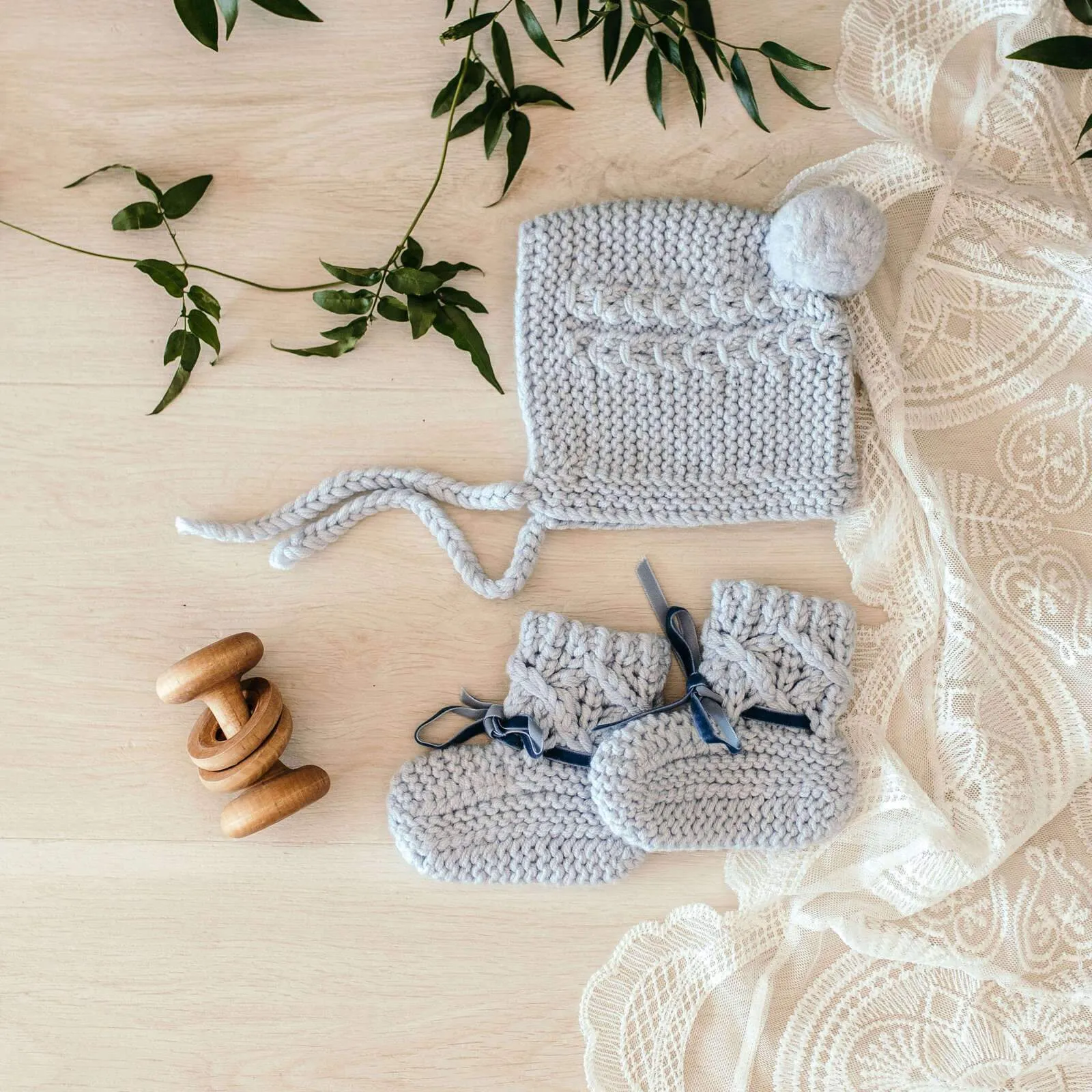 Blue Merino Wool Bonnet & Booties Set