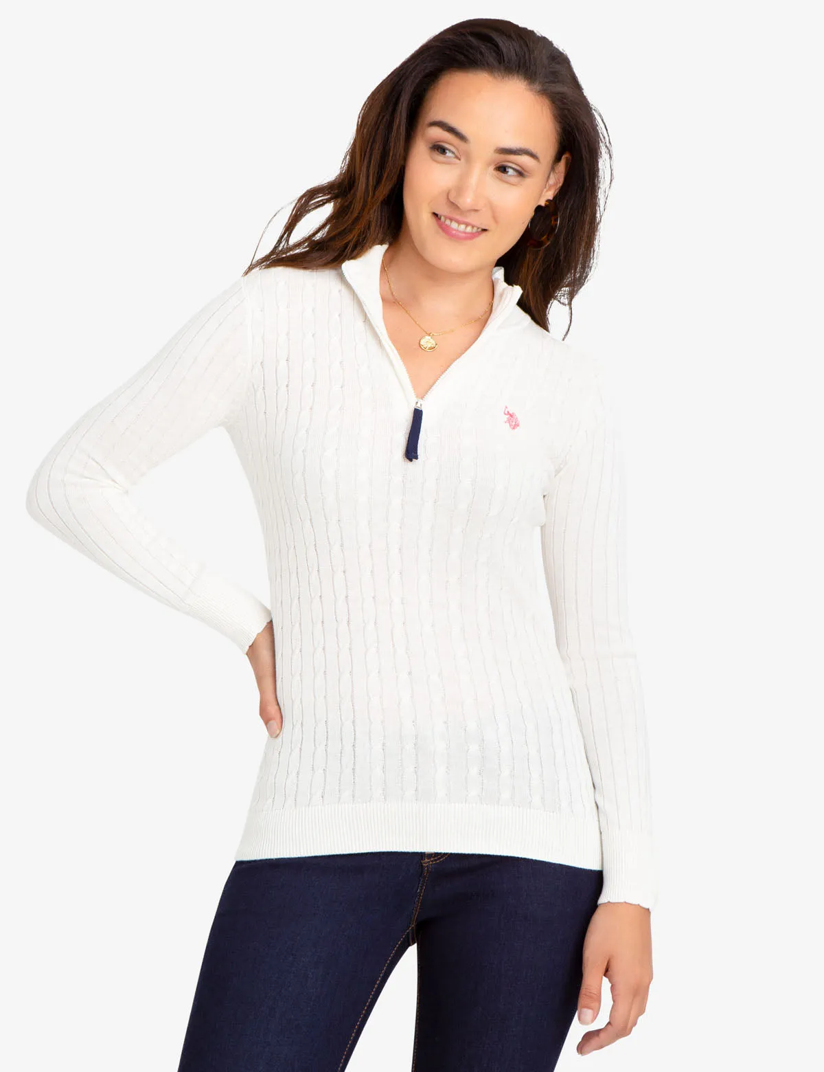 CABLE KNIT SWEATER WITH QUARTER ZIP