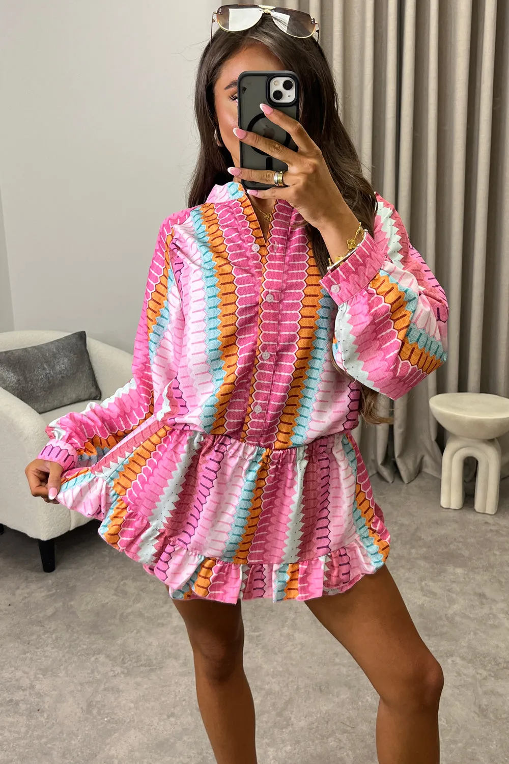 Colbie Pink Multi Stripe Print Shirt and Tiered Frill Skort Co-Ord Set