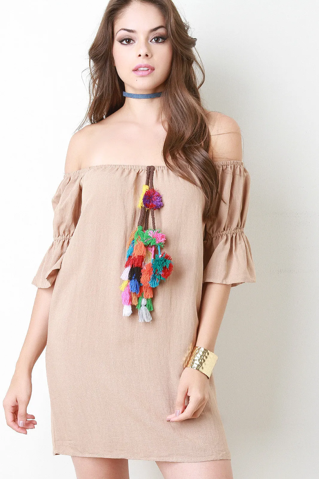 Colorful Tassel Ruched Sleeve Bardot Dress