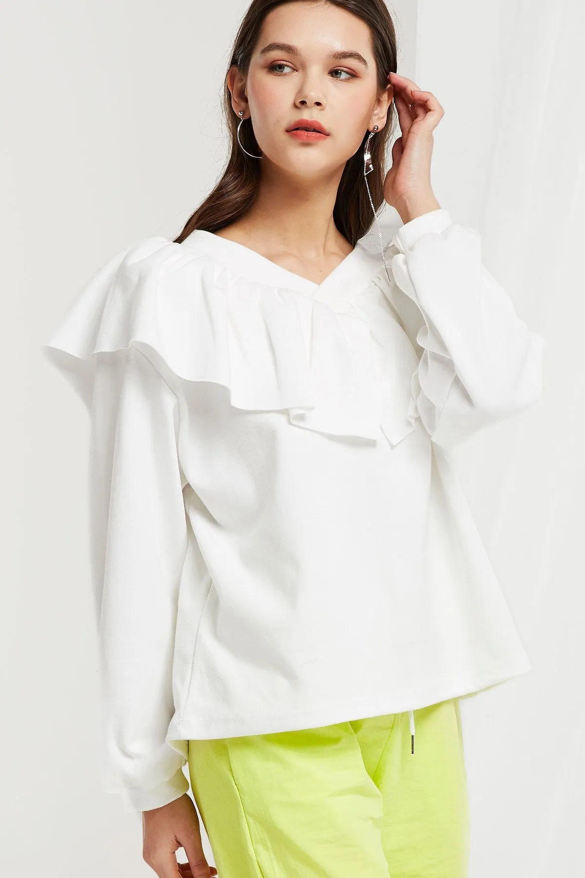 Cosima V-Neck Ruffle Sweatshirt