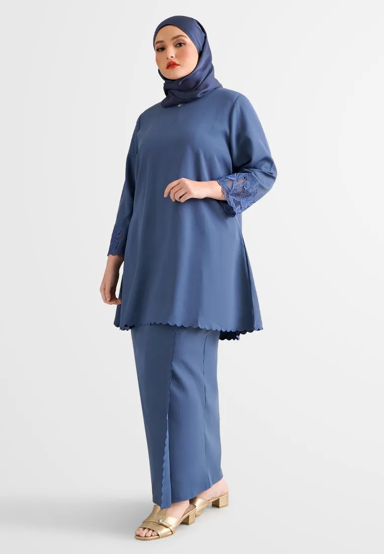 Elifah Minimalist Embroidery Scallop Hem Net Lace Kurung Set