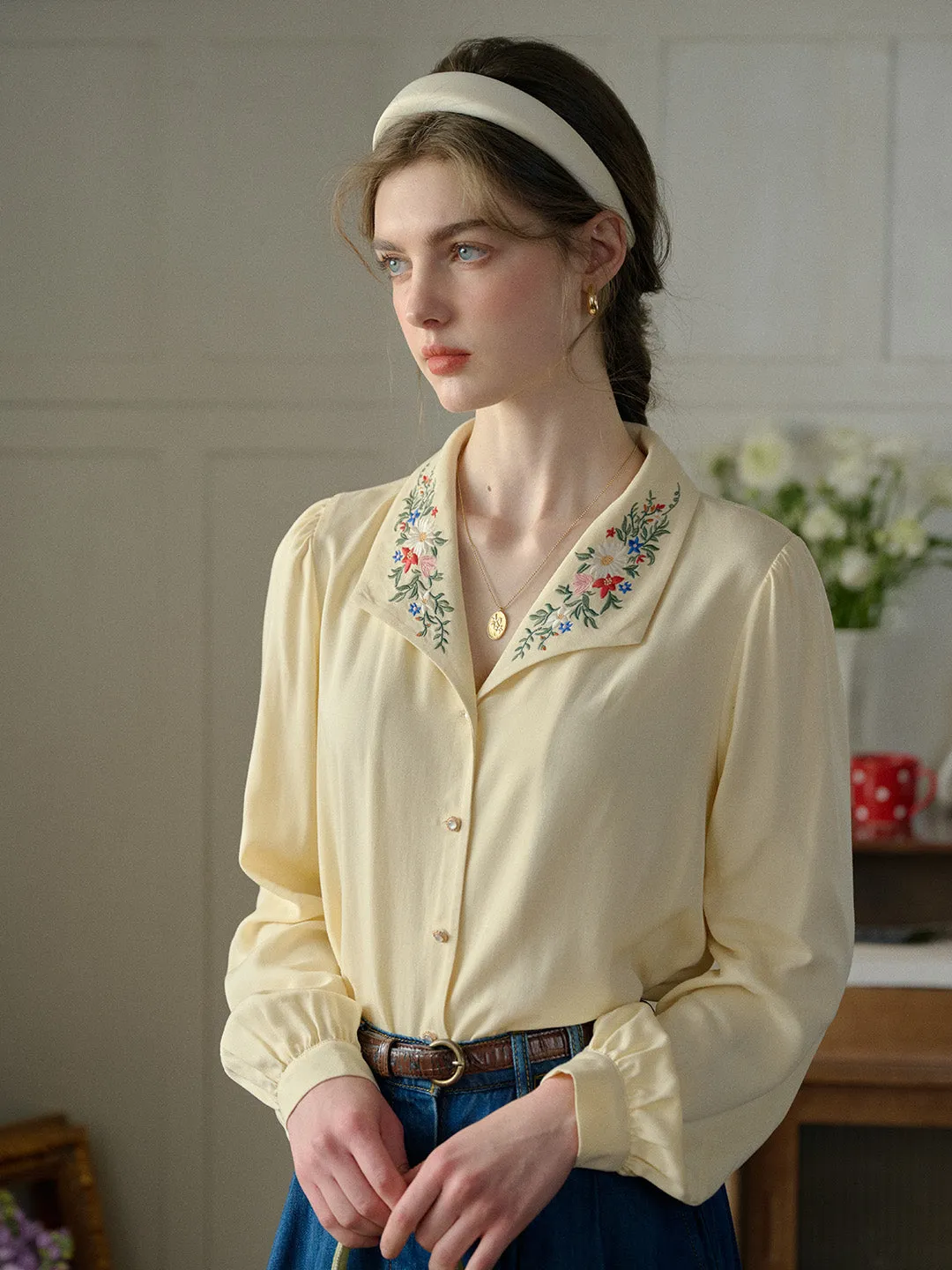 Georgina Colorful Floral Embroidered Lapel Shirt