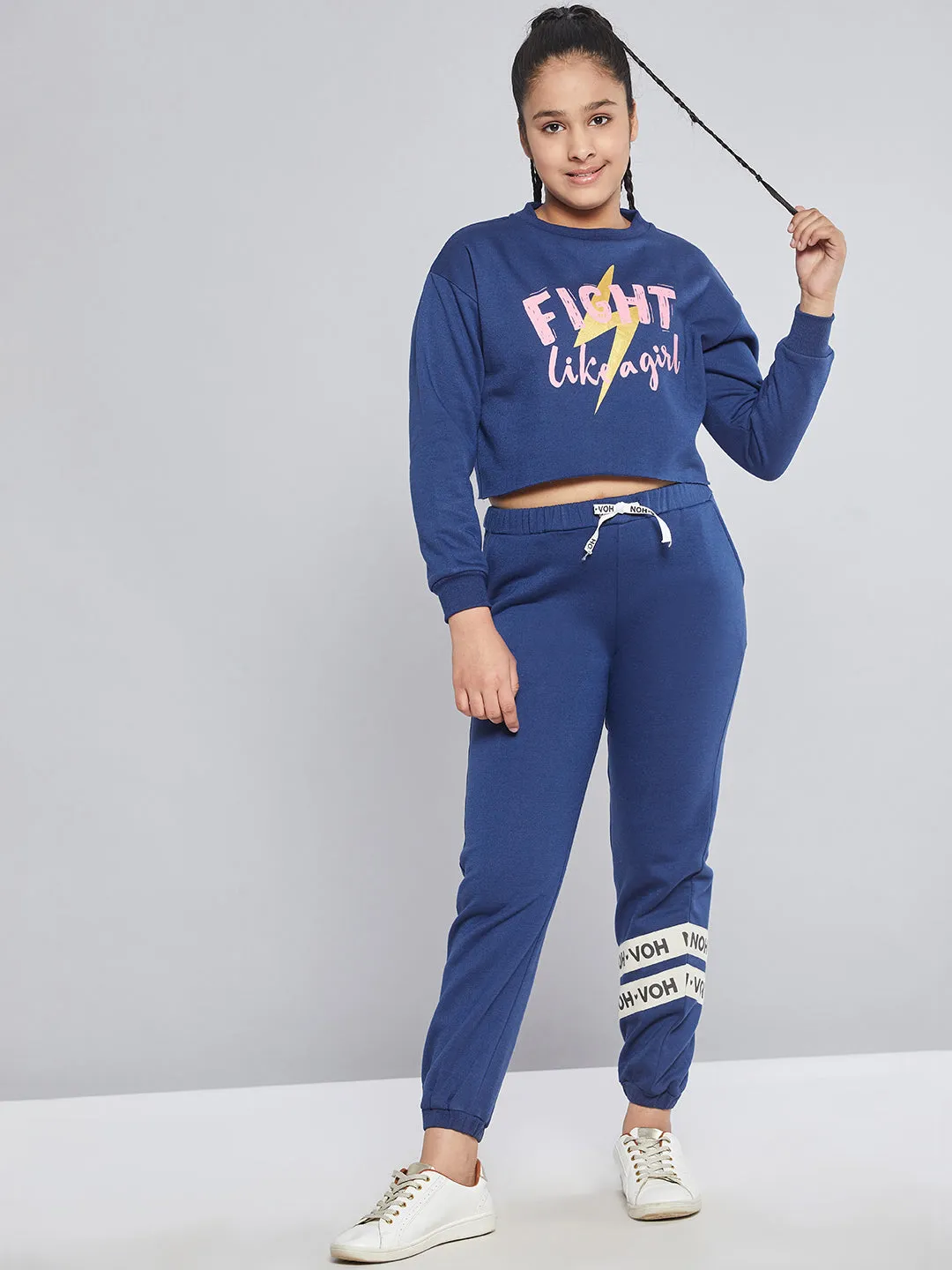 Girls Blue Fleece FIGHT Crop Sweatshirt