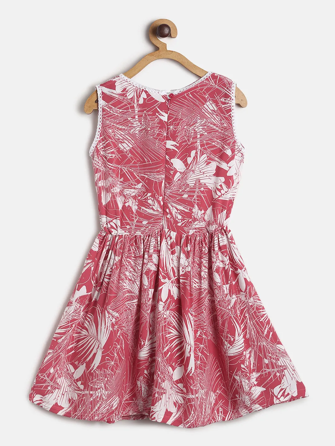 Girls Pink Printed Sleeve Less Cotton Dress