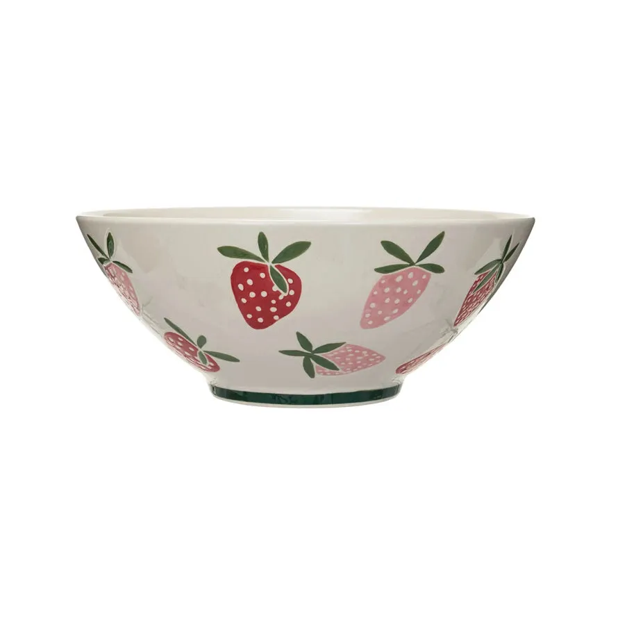 Hand-Painted Stoneware Bowl w/ Wax Relief Strawberries ©