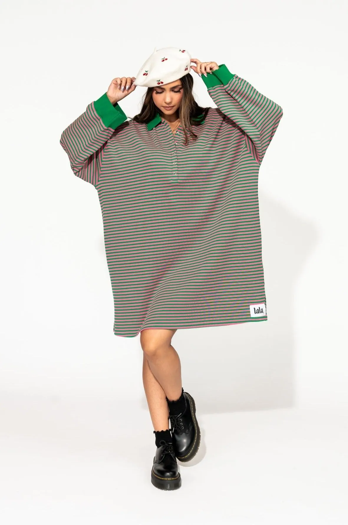 Lalaland University Oversized Polo Mini Dress in Watermelon Stripes