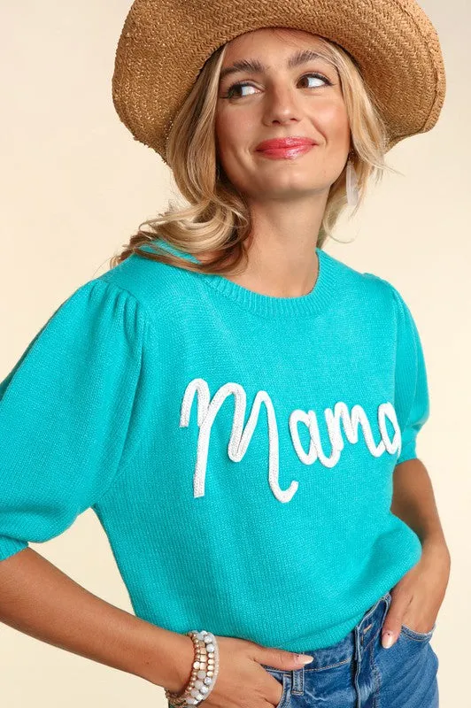 Mama Embroidered Knit Top - Mint Green