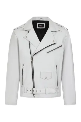 Men's Genuine White Classic Leather Biker Jacket - 'FONZY'