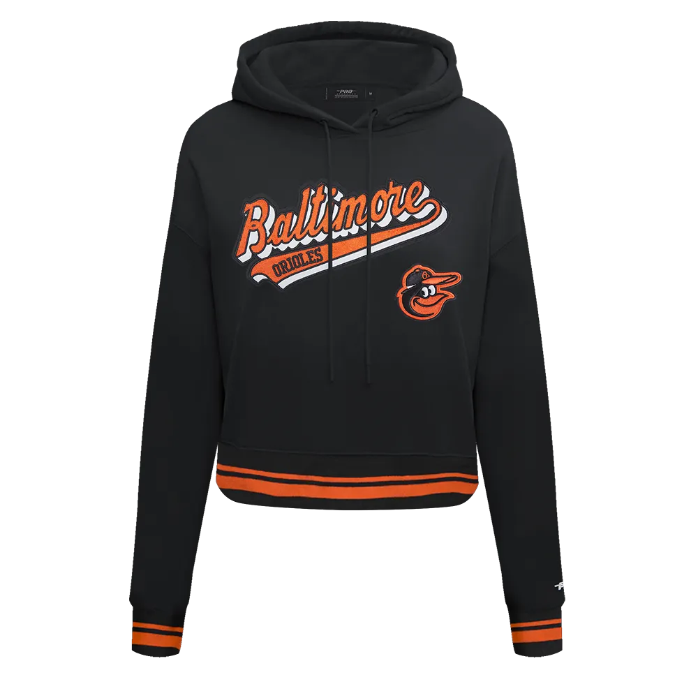 MLB BALTIMORE ORIOLES SCRIPT TAIL WOMEN'S RIB FLC CROPPED PO HOODIE (BLACK/ORANGE)