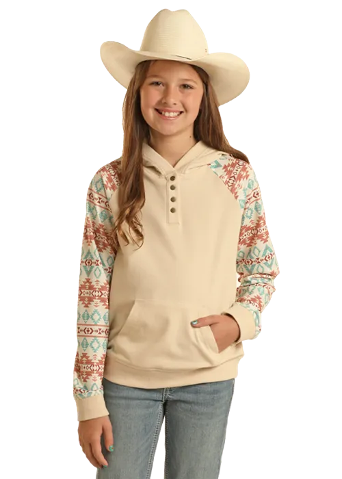 Panhandle Slim® Girl's Contrast Southwest Print Sleeve Hoodie