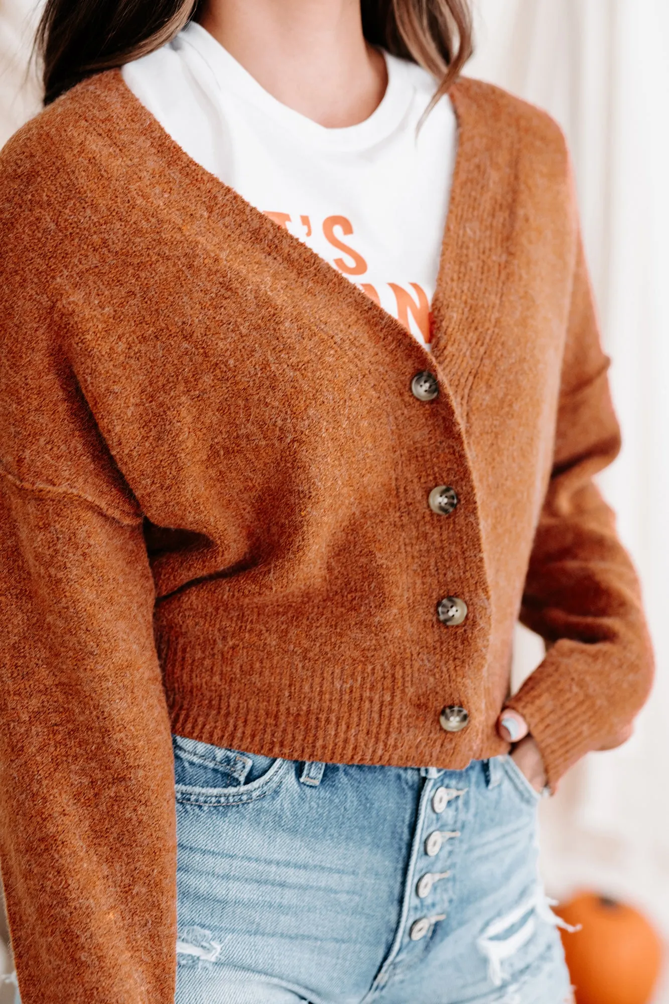 "Picked The Best One" Cropped Button-Front Sweater (Burnt Orange)