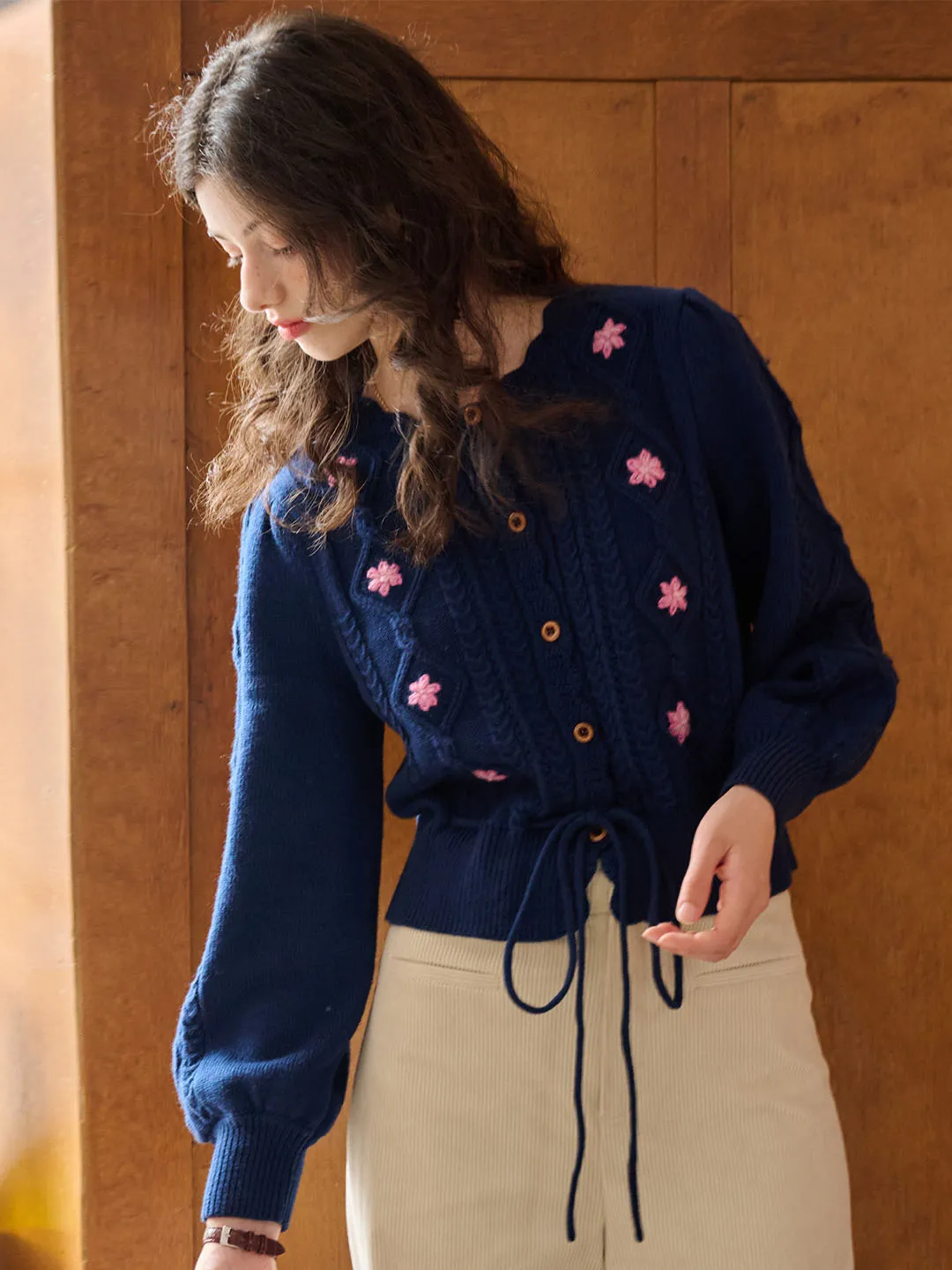 Willow Floral Embroidery Lantern Sleeve Knot Hem Knit Cardigan