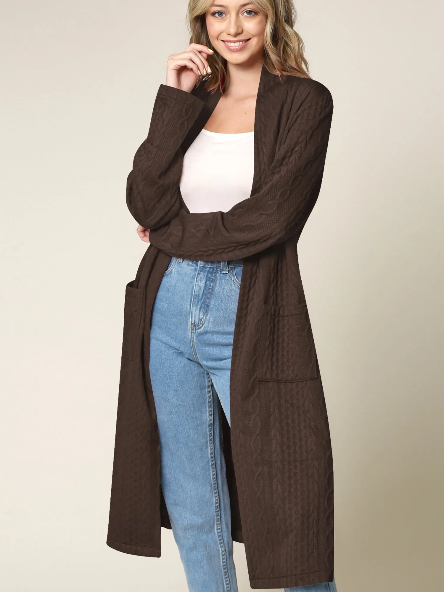 Women's Knit Long Sweater Drape Cardigan with Pockets